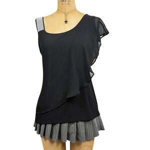 2000s Glam Rhinestone Strap One Shoulder Top Chiffon Ruffle Asymmetric